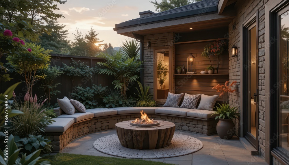 Fototapeta premium Cozy Backyard Retreat with Fire Pit and Lush Greenery at Dusk