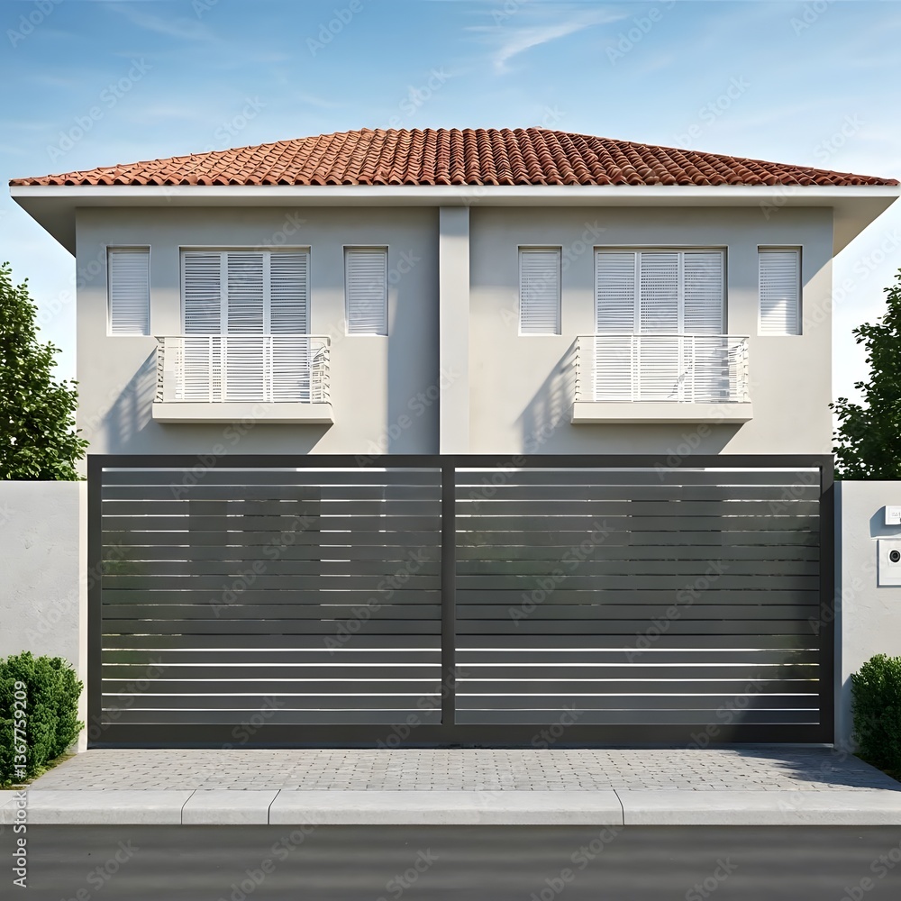 Fototapeta premium A duplex house with a sliding metal gate and separate entranceways for each unit, AI Generated