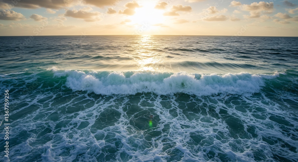 Obraz premium 夕焼け輝く海、力強く砕ける波の美しさ