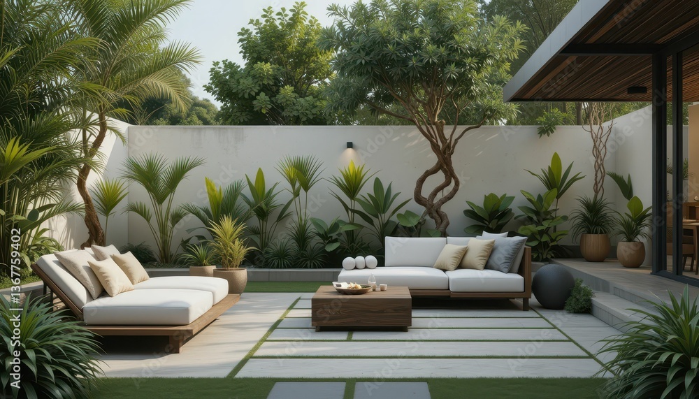 Fototapeta premium Serene Outdoor Living Space with Modern Furniture and Lush Greenery