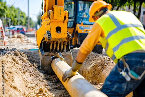 municipal infrastructure workers installing underground utility pipes
