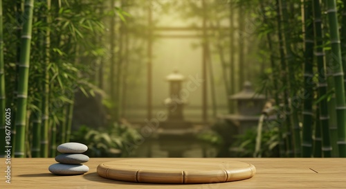 穏やかな光が差し込む竹林 円形木製台と石 静寂な空間