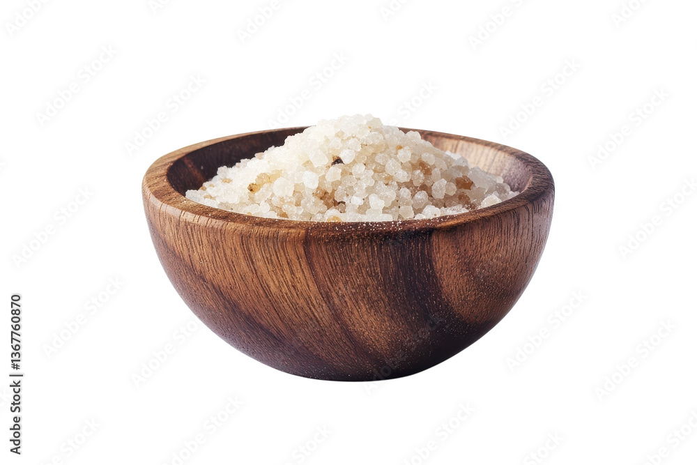 Elegant wooden bowl filled with coarse salt on a minimalist white background isolated on transparent background Elegant wooden bowl filled with coarse salt on a minimalist white background isolated on transparent background