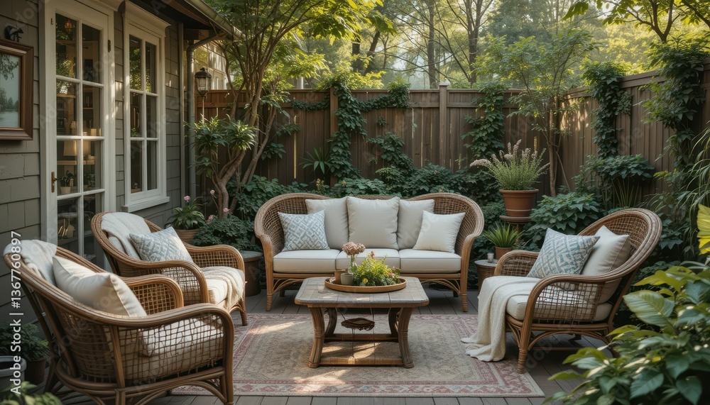 Cozy Outdoor Patio with Rattan Furniture Surrounded by Greenery Cozy Outdoor Patio with Rattan Furniture Surrounded by Greenery