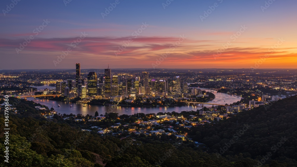 Obraz premium Cityscape at night with skyscrapers, river, bridges, and colorful twilight sky.