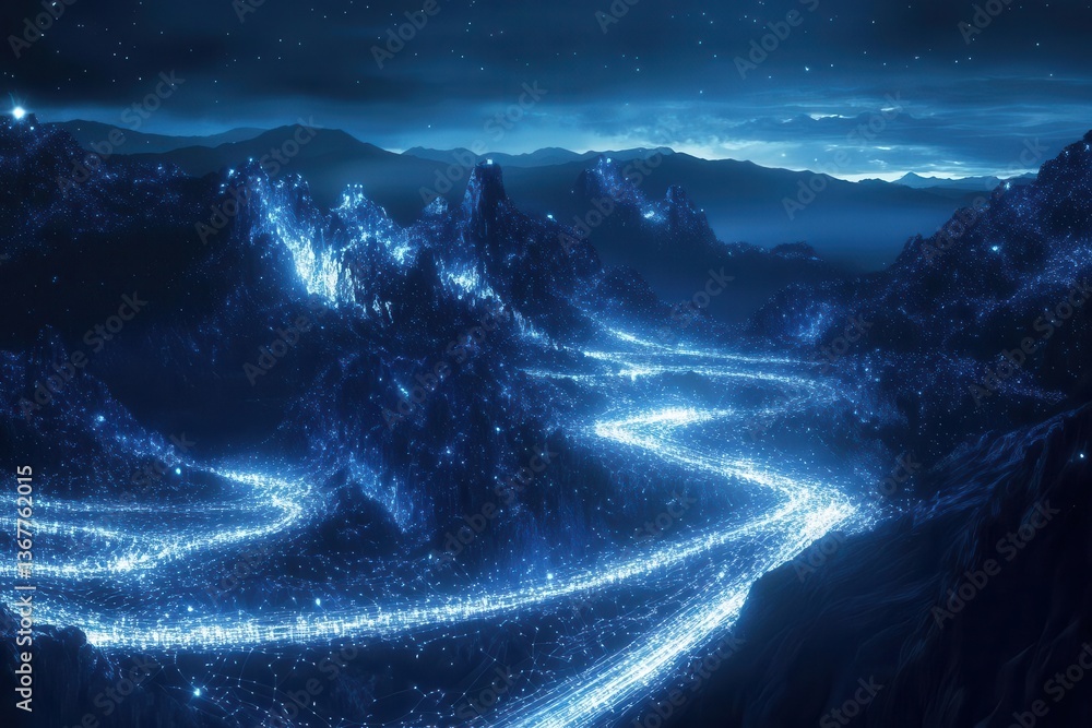 digital landscape of neural network connections forming mountain ranges glowing data streams in deep blue and white