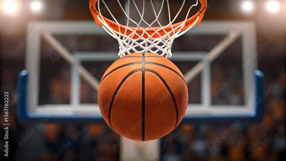 Fototapeta premium Focused shot of a basketball inside the hoop, representing scoring success and the excitement of competitive sports in a stadium setting.