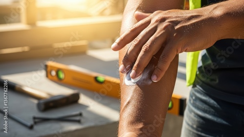 A construction worker applies sunscreen to protect against sun exposure.