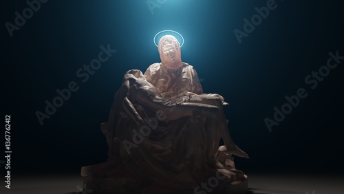 Billede på lærred A modern reinterpretation of Michelangelo Pieta, blending 3D graphics and neon lighting