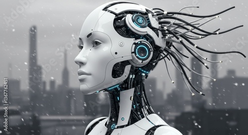 Humanoid robot head against urban skyline.