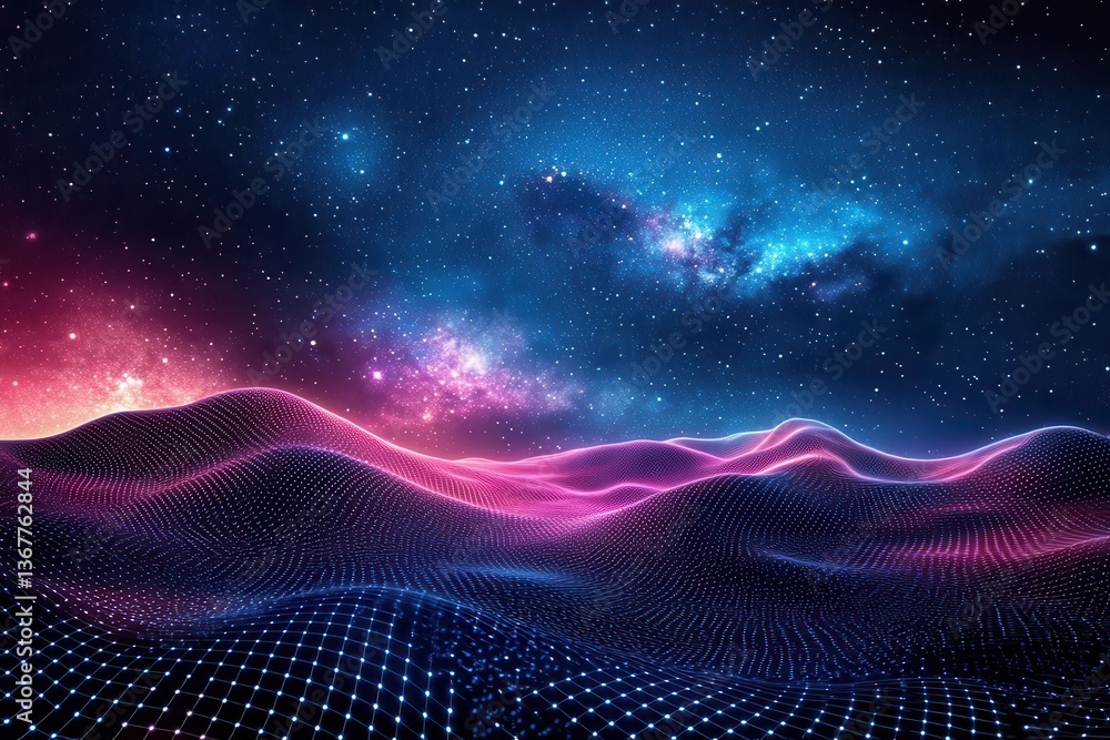 digital matrix landscape with neon grid lines extending to infinity against starlit cyber sky
