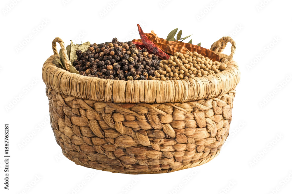 A woven basket filled with an array of vibrant spices showcasing culinary diversity isolated on transparent background A woven basket filled with an array of vibrant spices showcasing culinary diversity isolated on transparent background