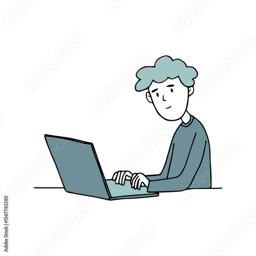 Young man, boy sitting at table, working on laptop. Work, education, modern technology concept. Isolated hand drawn computer vector illustration. Male person in ofiice, school, home. Electronic device