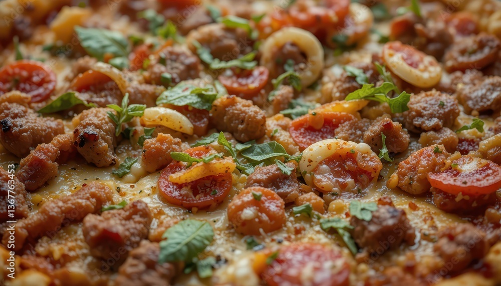 Delicious Pizza Topped with Meat, Herbs, and Fresh Vegetables Delicious Pizza Topped with Meat, Herbs, and Fresh Vegetables