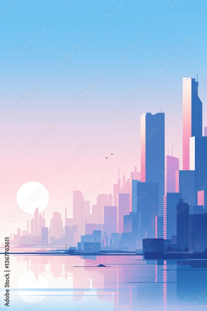 Fototapeta premium Minimalist City Skyline at Sunset with Pastel Pink and Blue Tones, Water Reflections, and Serene Atmosphere
