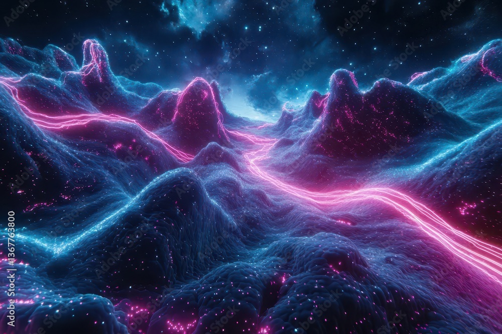 digital neural landscape with flowing data streams and geometric nodes illuminated by neon colors against deep space background