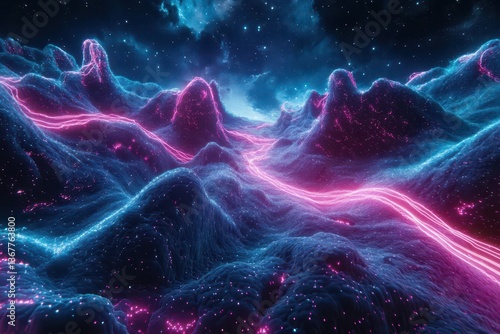 Obraz na płótnie digital neural landscape with flowing data streams and geometric nodes illuminated by neon colors against deep space background w salonie