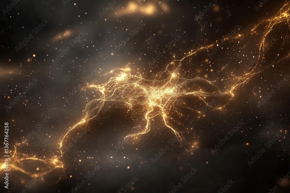 digital neural network visualization with golden threads of light connecting crystalline nodes floating in deep space with particle effects