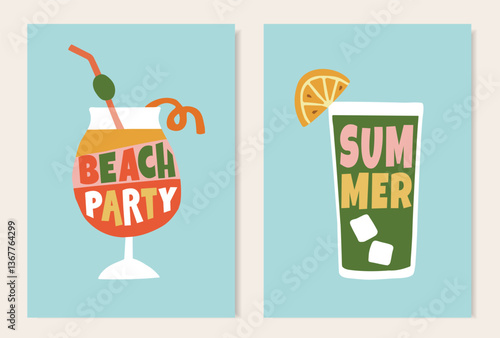 Summer beach party greeting cards, invitations. Cocktail drinks glasses with lettering text isolated on blue background. Birthday celebration. Retro mid century design. Hand drawn vector illustrations