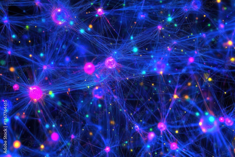 digital neural network visualization flowing data streams in neon blue and purple abstract technological landscape with geometric connections
