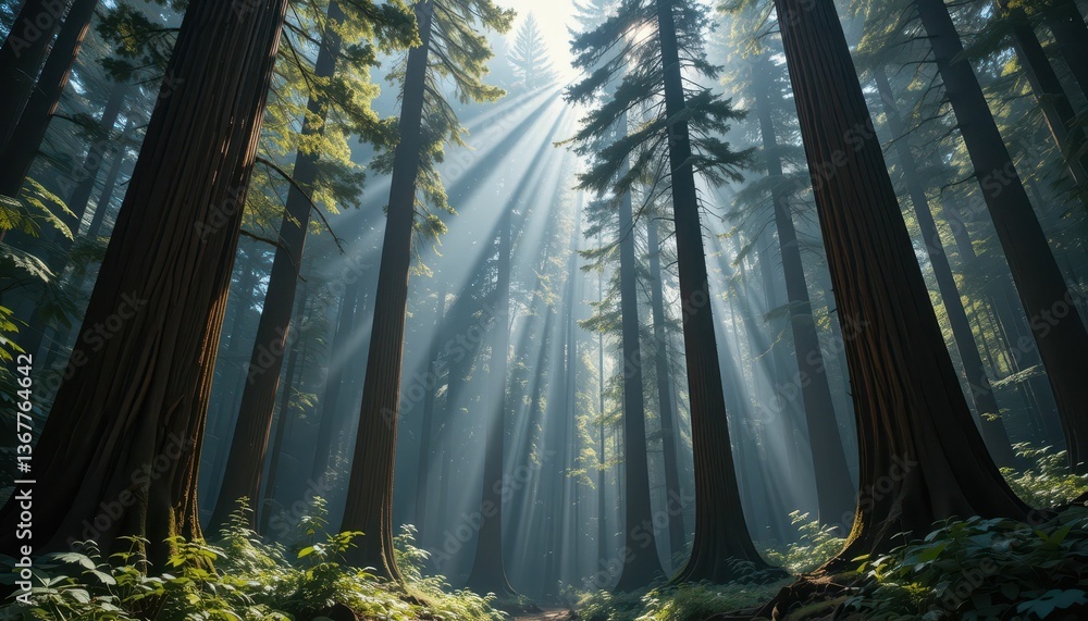 Obraz premium Sunlight Streaming Through Tall Trees in Lush Green Forest