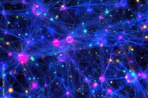 Obraz na płótnie digital neural network visualization flowing data streams in neon blue and purple abstract technological landscape with geometric connections w salonie