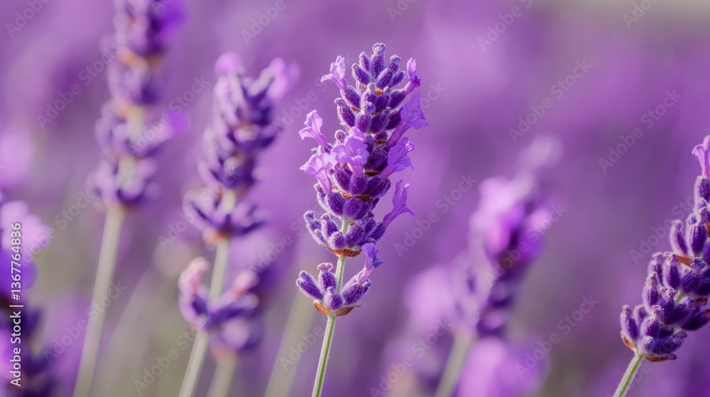Naklejka premium Blooming Lavender Field Close-up with Soft Focus in Purple Hues