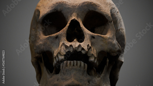 A 3D model of a human skull with horror-style distortion effects, captured in close-up. The intricate anatomy and eerie design make it ideal for Halloween, archeology, or dark-themed content.
