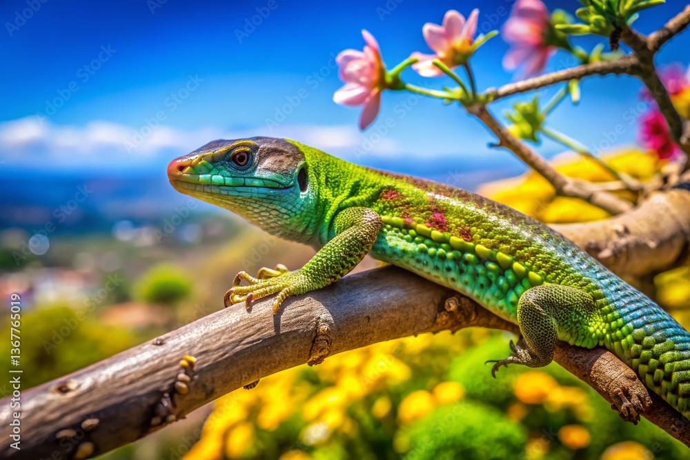 Obraz premium Madeira Wall Lizard Basking on Funchal Tree - Vibrant Reptile in Natural Habitat