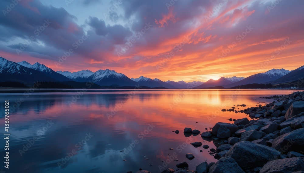 Fototapeta premium Serene Sunset Over Majestic Mountains and Calm Lake Surface