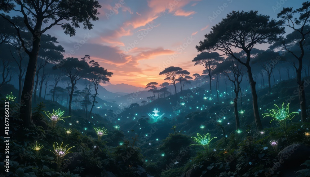 custom made wallpaper toronto digitalEnchanted Forest at Dusk with Glowing Plants and Serene Atmosphere