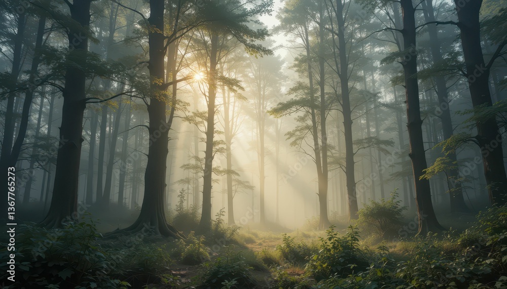 Fototapeta premium Ethereal Forest with Mist and Sunlight Through Tall Trees