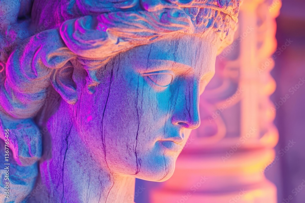 digital sculpture reimagining classical statue in vaporwave aesthetics glitch effects and neon highlights on marble texture