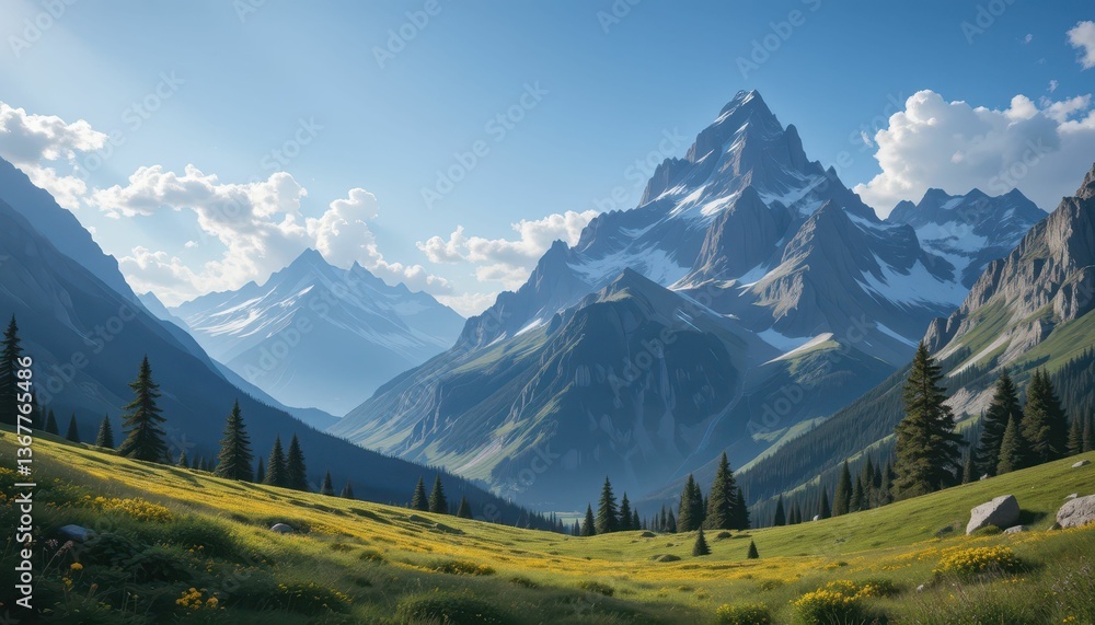 Fototapeta premium Majestic Mountain Landscape with Green Valley and Blue Sky