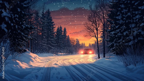A winter evening drive through a snowy forest, headlights illuminating the path.