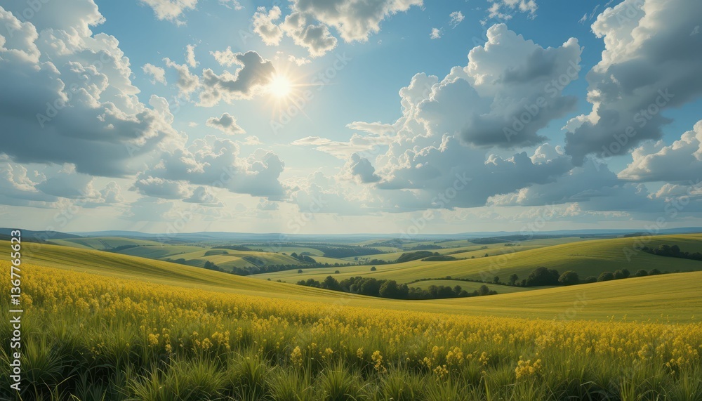 Fototapeta premium Serene Golden Meadow Under Vibrant Sky with Fluffy Clouds