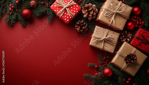 Christmas gifts, ornaments, and pine branches on red background.