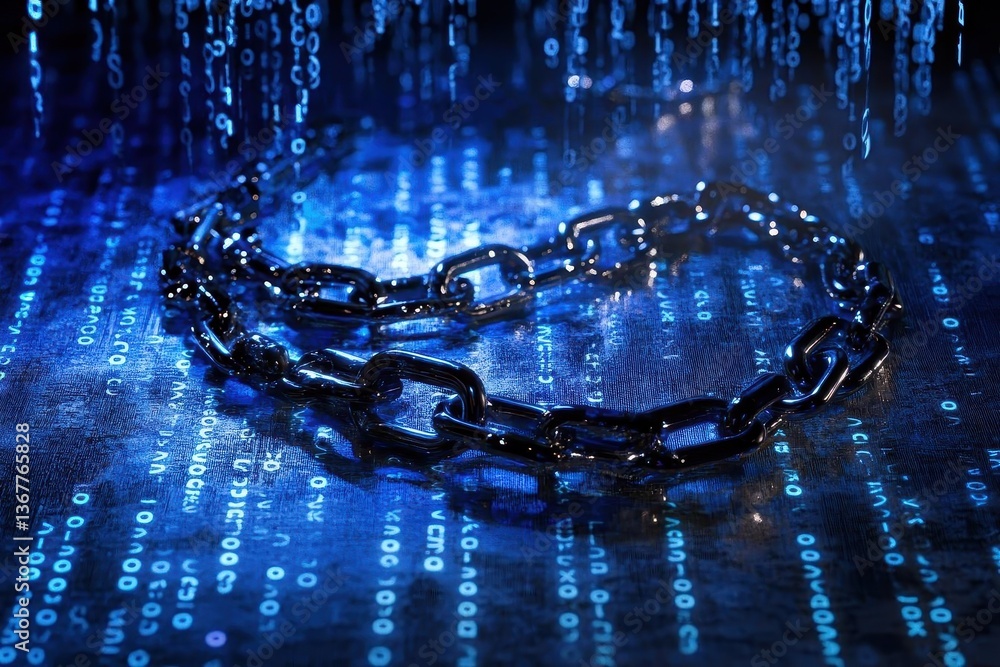 digital security concept showing broken metal chain against matrixstyle binary code background with blue cyber glow effects