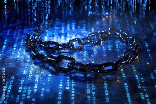 Obraz na płótnie digital security concept showing broken metal chain against matrixstyle binary code background with blue cyber glow effects w salonie