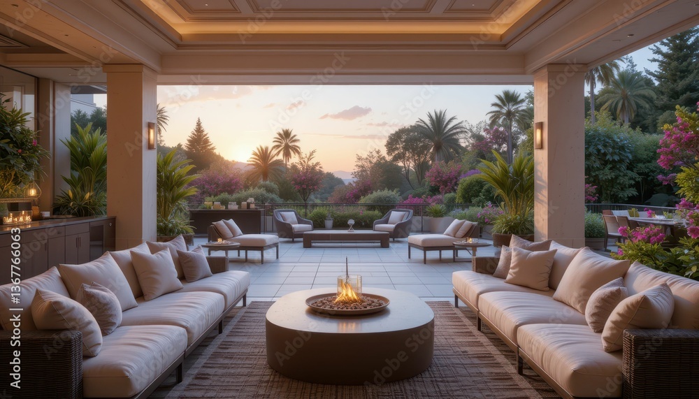 Obraz premium Elegant Outdoor Living Space with Cozy Fire Pit at Sunset