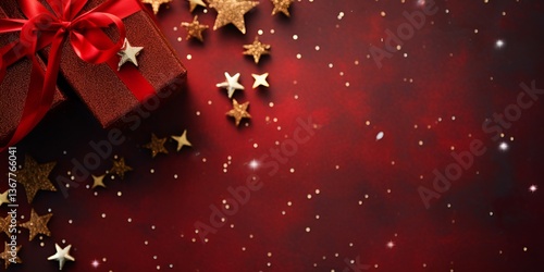 Christmas background with a red gift box, decorations, and star-shaped baubles on a flat color background. View from above. Banner for a Christmas card or social media post template. 