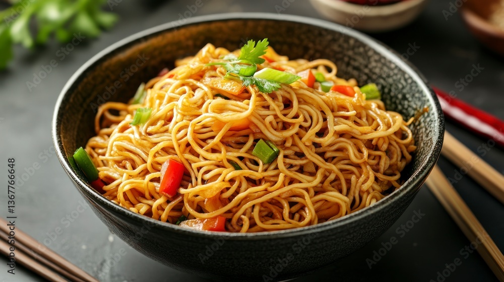 Serving of Delicious Asian Noodles with Vegetables and Chopsticks on Table Serving of Delicious Asian Noodles with Vegetables and Chopsticks on Table
