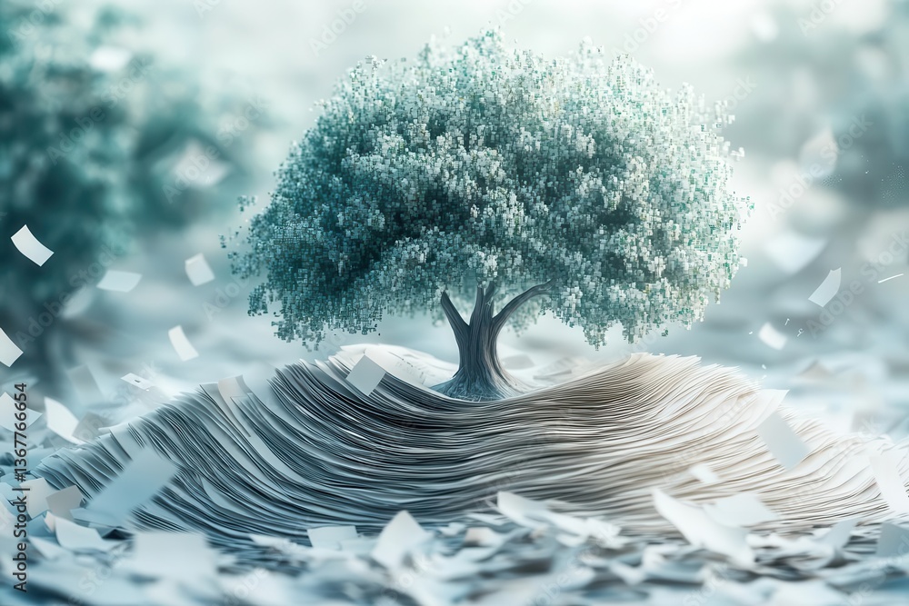 digital streams of glowing data flowing from paper documents into a crystalline tree structure set against a minimalist white background with soft teal accents