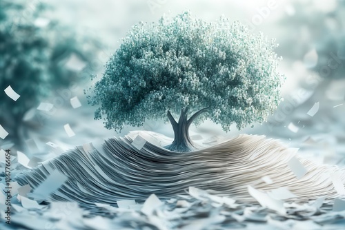 digital streams of glowing data flowing from paper documents into a crystalline tree structure set against a minimalist white background with soft teal accents