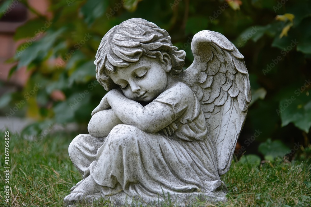 Stone angel sleeping peacefully in garden setting Stone angel sleeping peacefully in garden setting