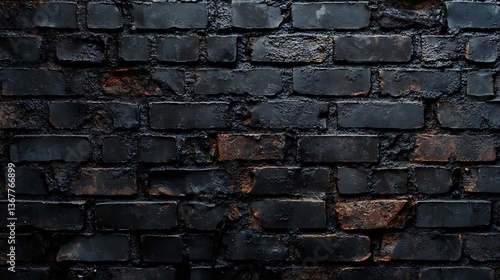 Fire-damaged brick wall, with black soot marks, broken bricks, and a charred aesthetic