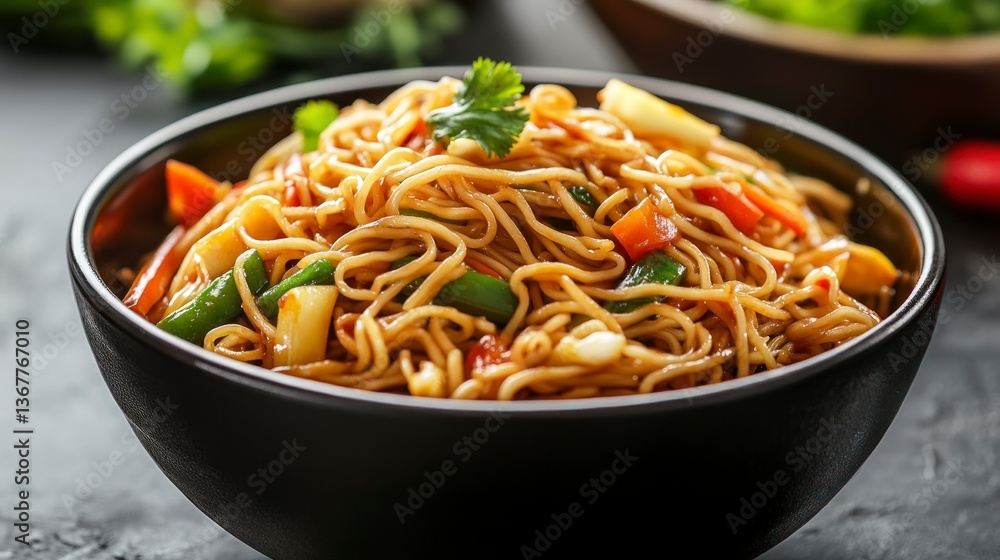 Delicious Asian Noodles with Vegetables in Black Bowl Close Up Delicious Asian Noodles with Vegetables in Black Bowl Close Up