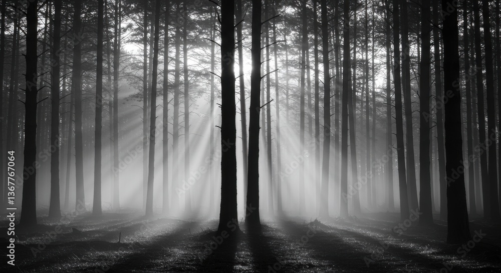 Naklejka premium Ethereal forest landscape with mist and sun rays filtering through trees