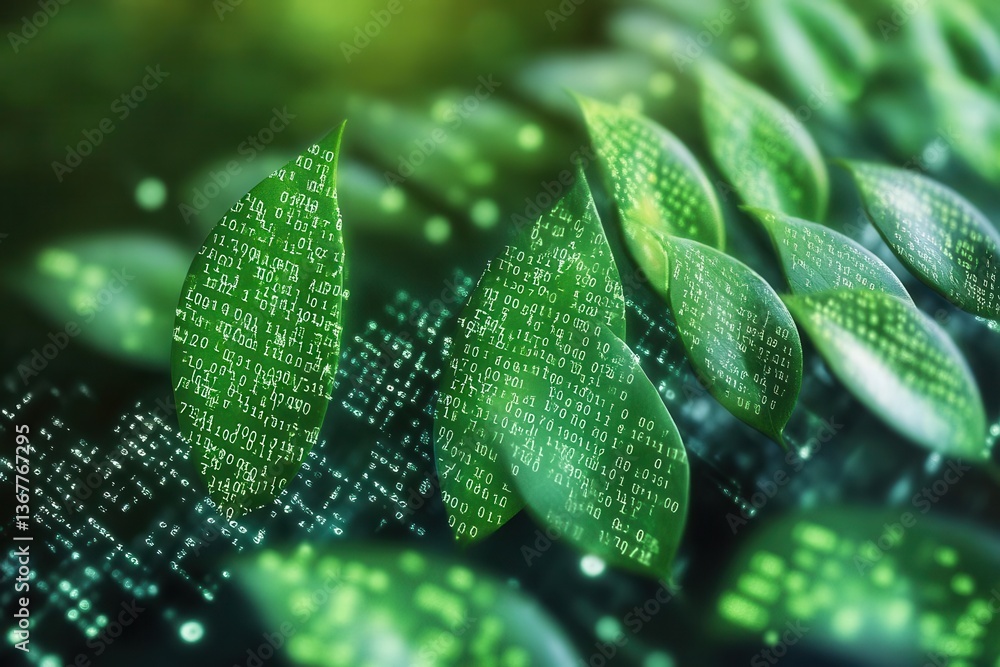 digital transformation concept showing binary code morphing into green leaves symbolizing sustainable technology evolution