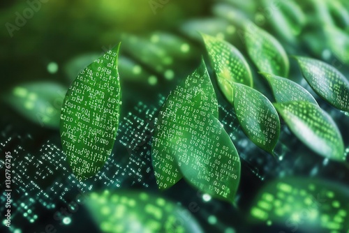 Obraz na płótnie digital transformation concept showing binary code morphing into green leaves symbolizing sustainable technology evolution w salonie
